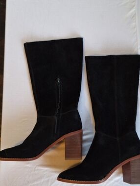 Crown Vintage Black Suede Mid Calf Boots Block Heel Size 7.5M